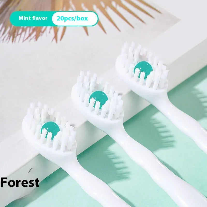 Box of individually wrapped disposable bead toothbrushes in mint, peach, and green tea flavours.