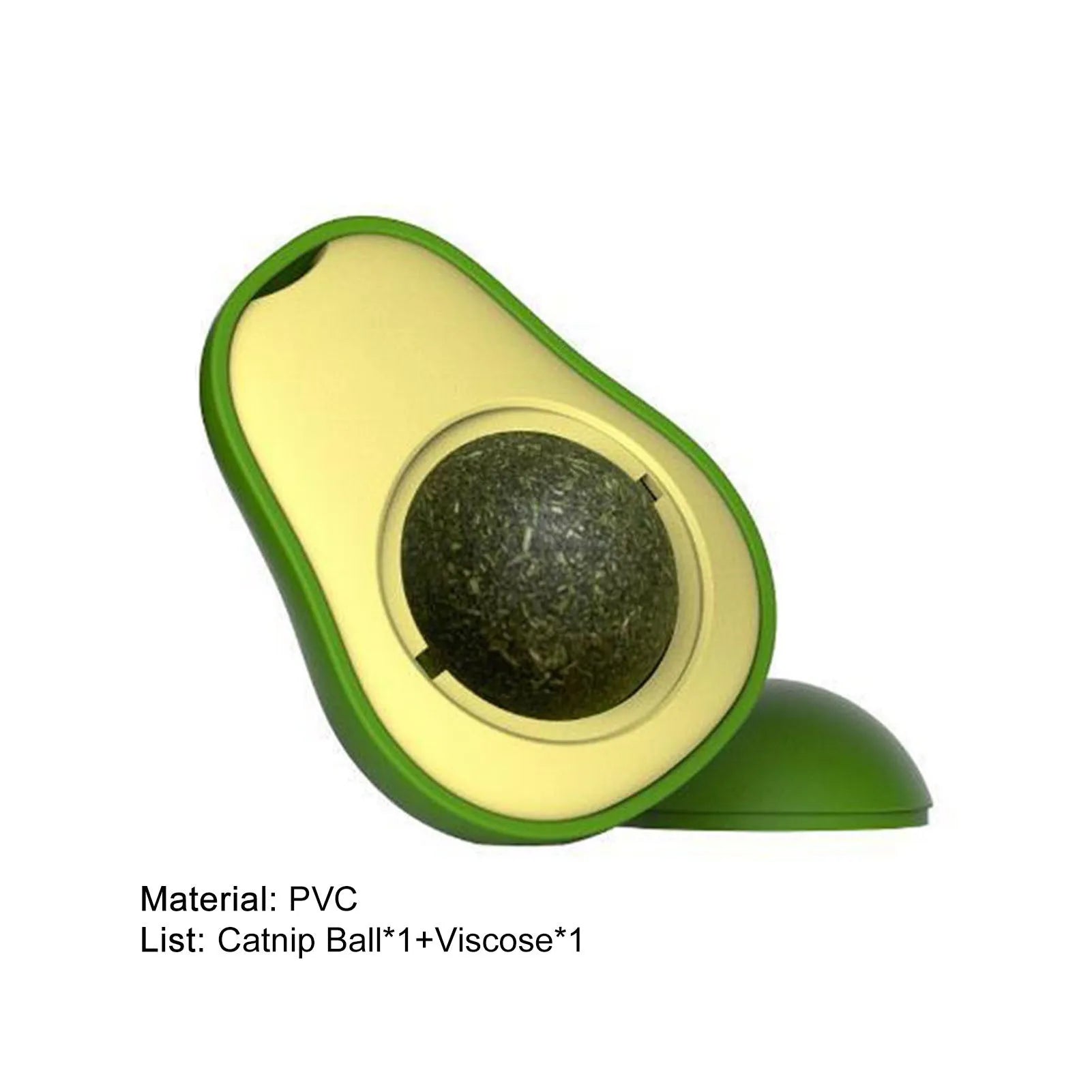 Avocado-shaped catnip wall toy attached to a smooth window with a silvervine ball for cat teeth cleaning