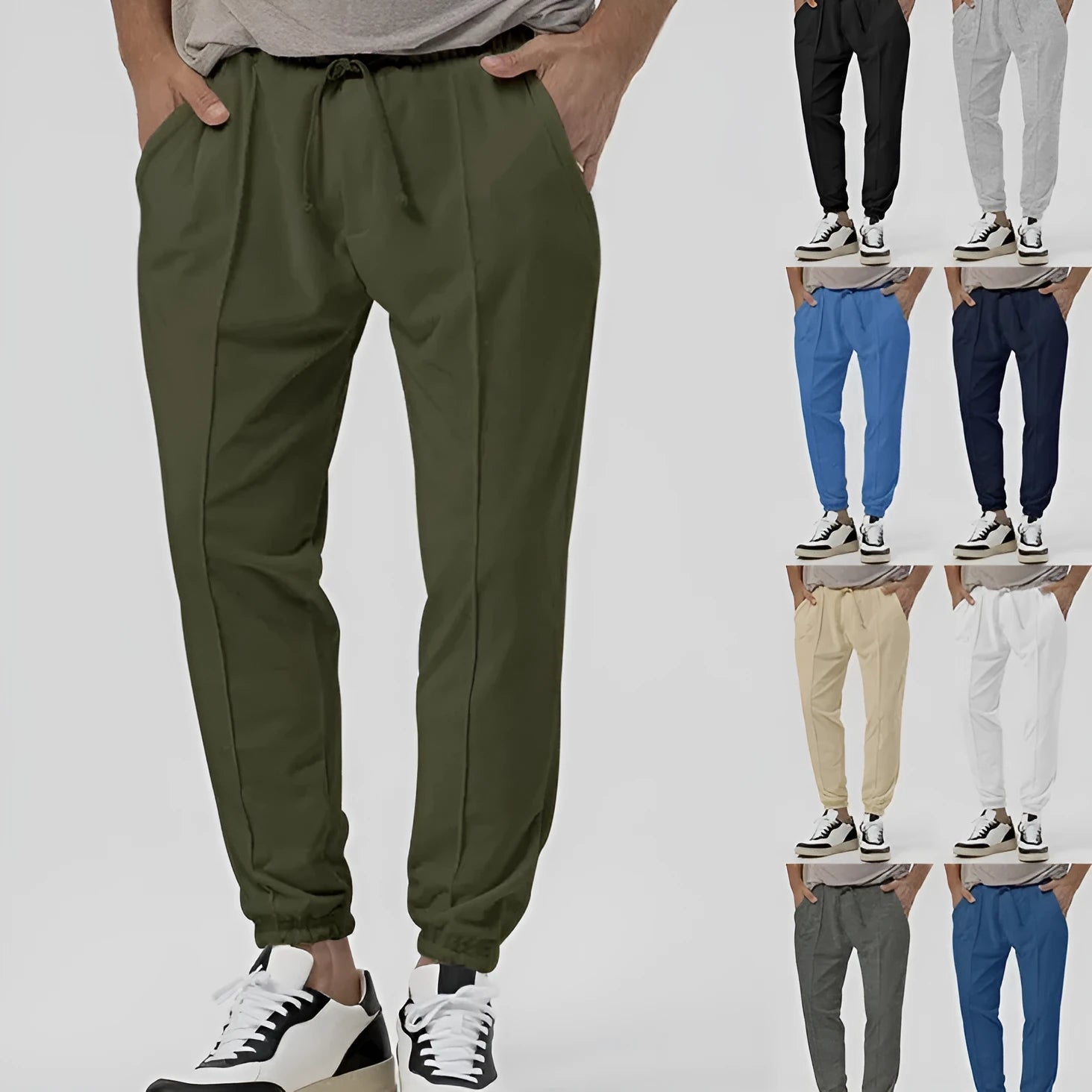Men's grey straight-leg casual sweatpants with an elasticated waistband on a neutral background.