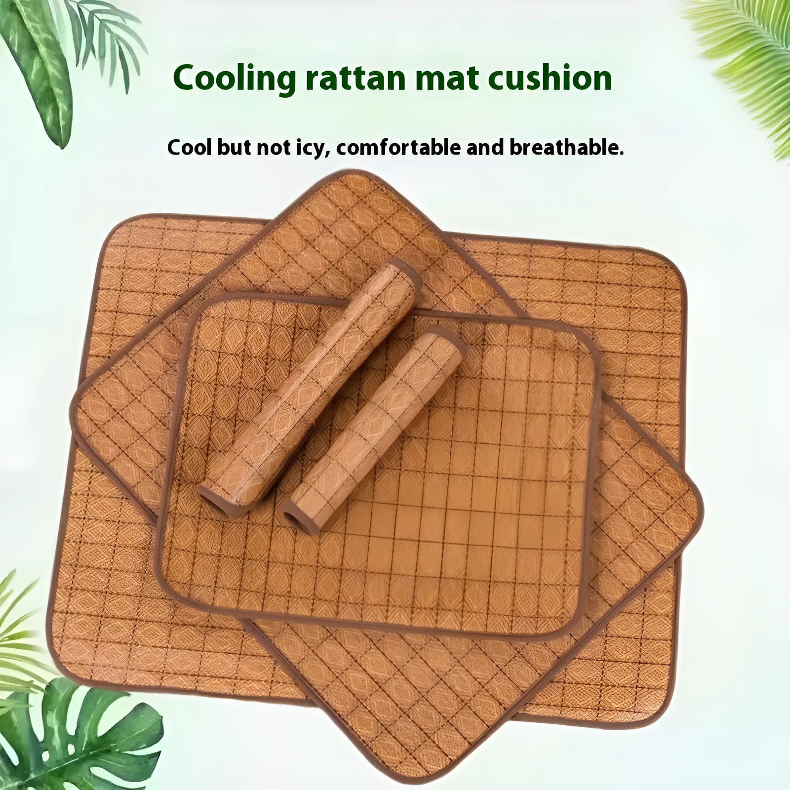 Brown rattan fibre dog cooling mat resting on a floor.