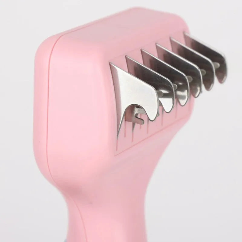 Pink stainless steel dog comb with knot knife edge and massage brush for pet grooming