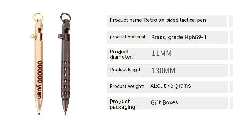 Brass hexagonal bolt-action pen showing six-angle design and bolt mechanism