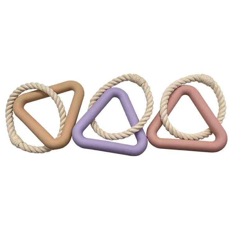 Triangular cotton rope dog pull toy in beige colour on wooden floor