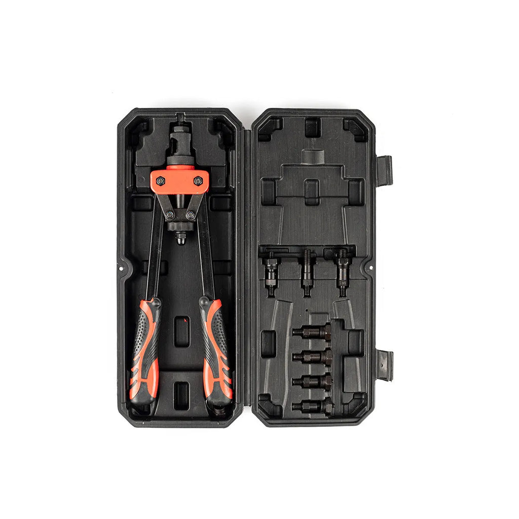 CQ14 model 14-inch alloy pull-setter rivet nut tool with six interchangeable gun tips on a workbench.