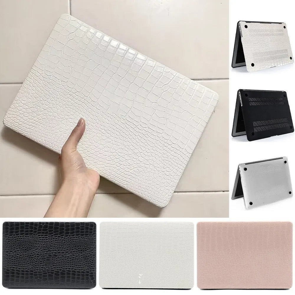 MacBook protective case with crocodile pattern texture and hollowed-out Apple logo in black, white, or soft pink