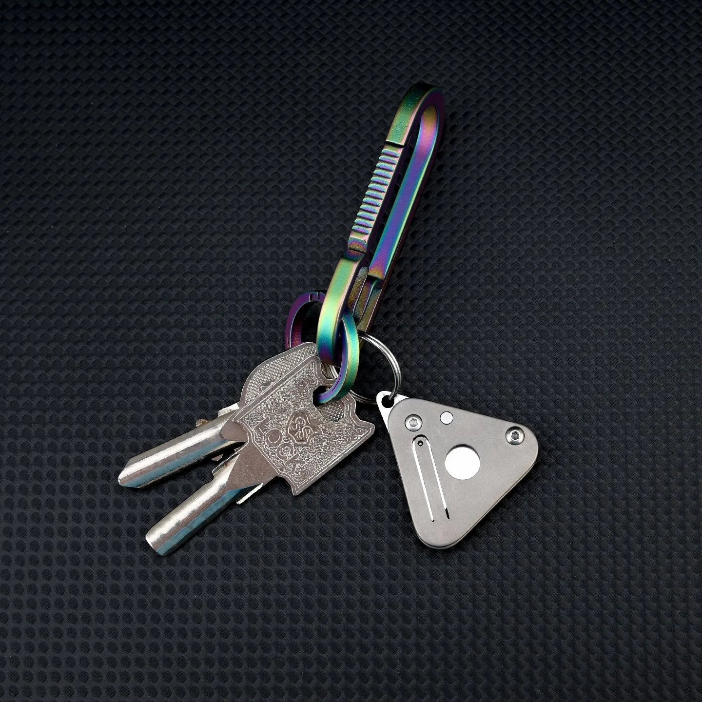 Triangle titanium alloy mini portable knife with stainless steel blade and button lock in silver gray