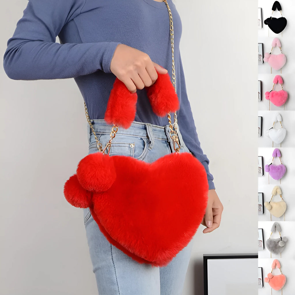 Heart-shaped soft plush women's handbag with zipper opening in medium size