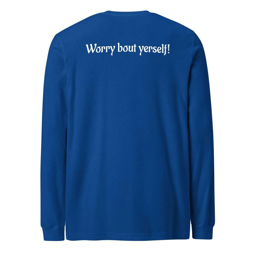 Blue men's loose fit round neck sweater with printed letter patterns on polyester fabric