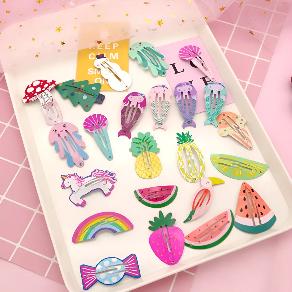 Metal children's barrette with colourful baking varnish fruit design for hair