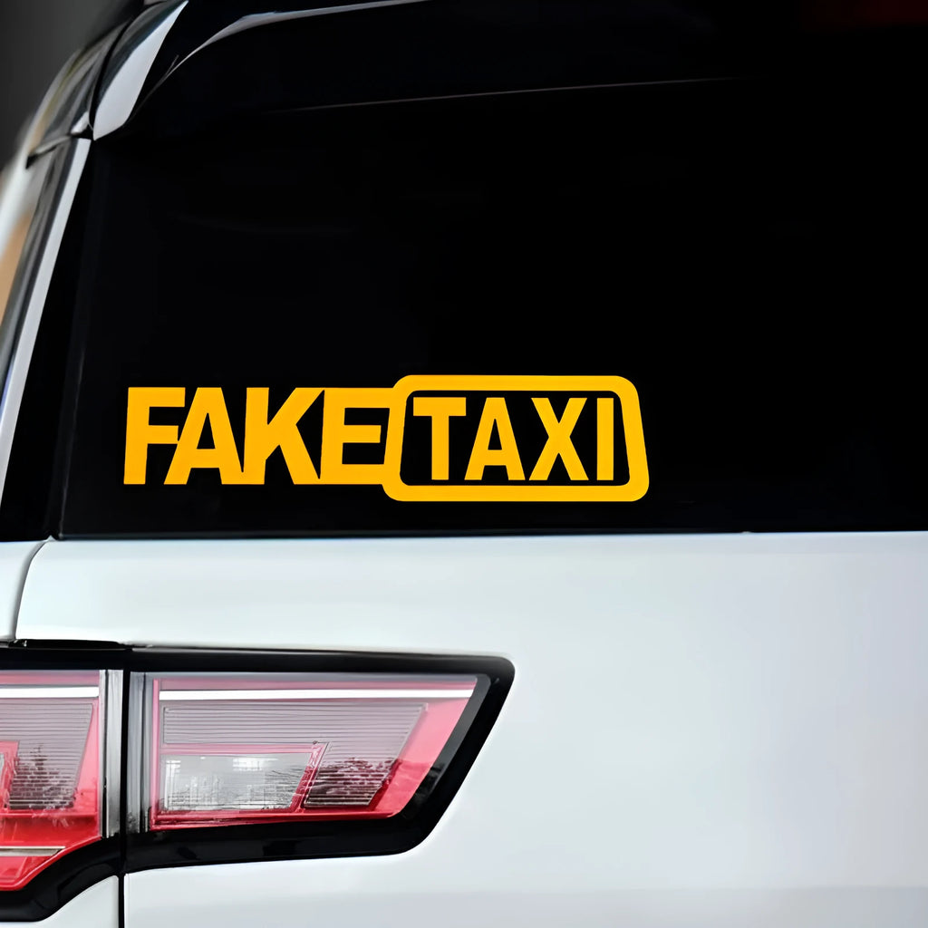 FAKE TAXI car warning sticker in black, white and yellow colours showing 20x8cm waterproof PET vinyl decal