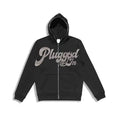 Men's black loose fit hoodie cardigan with letter print and rhinestone detail, zip-up polyester sweater
