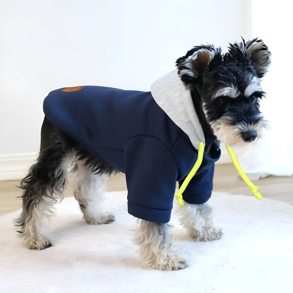 Dark red or navy blue polyester dog hoodie with contrast trim and simple pullover design