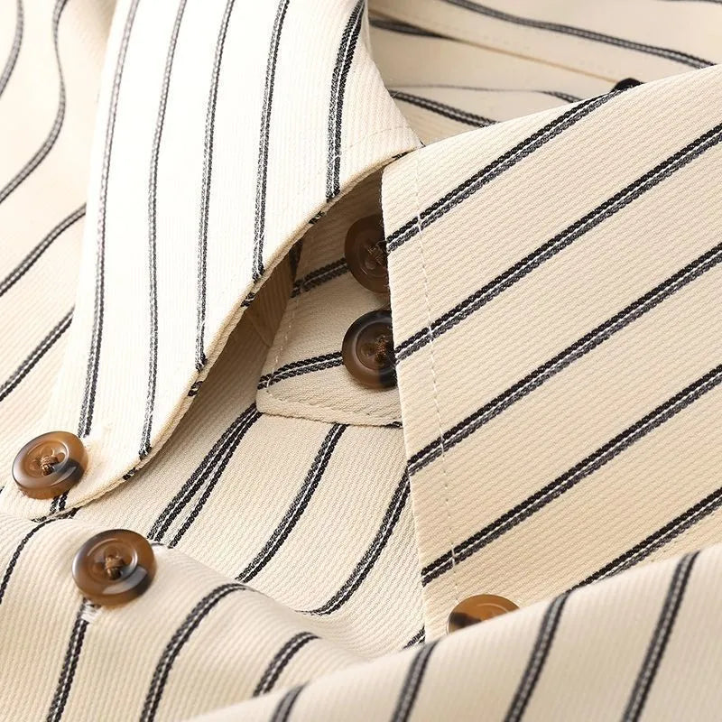 Coffee coloured striped men's long-sleeved shirt with slim fit and non-iron wool lining