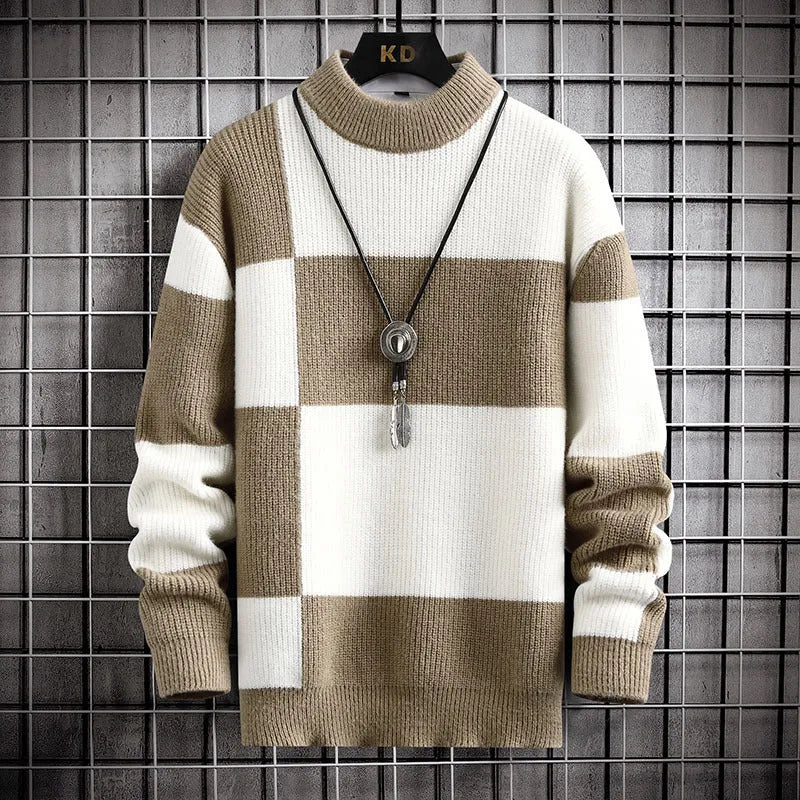 Men's casual cardigan sweater coat in modal fabric, colour block design, available in white collar with black option, thickened loose fit.