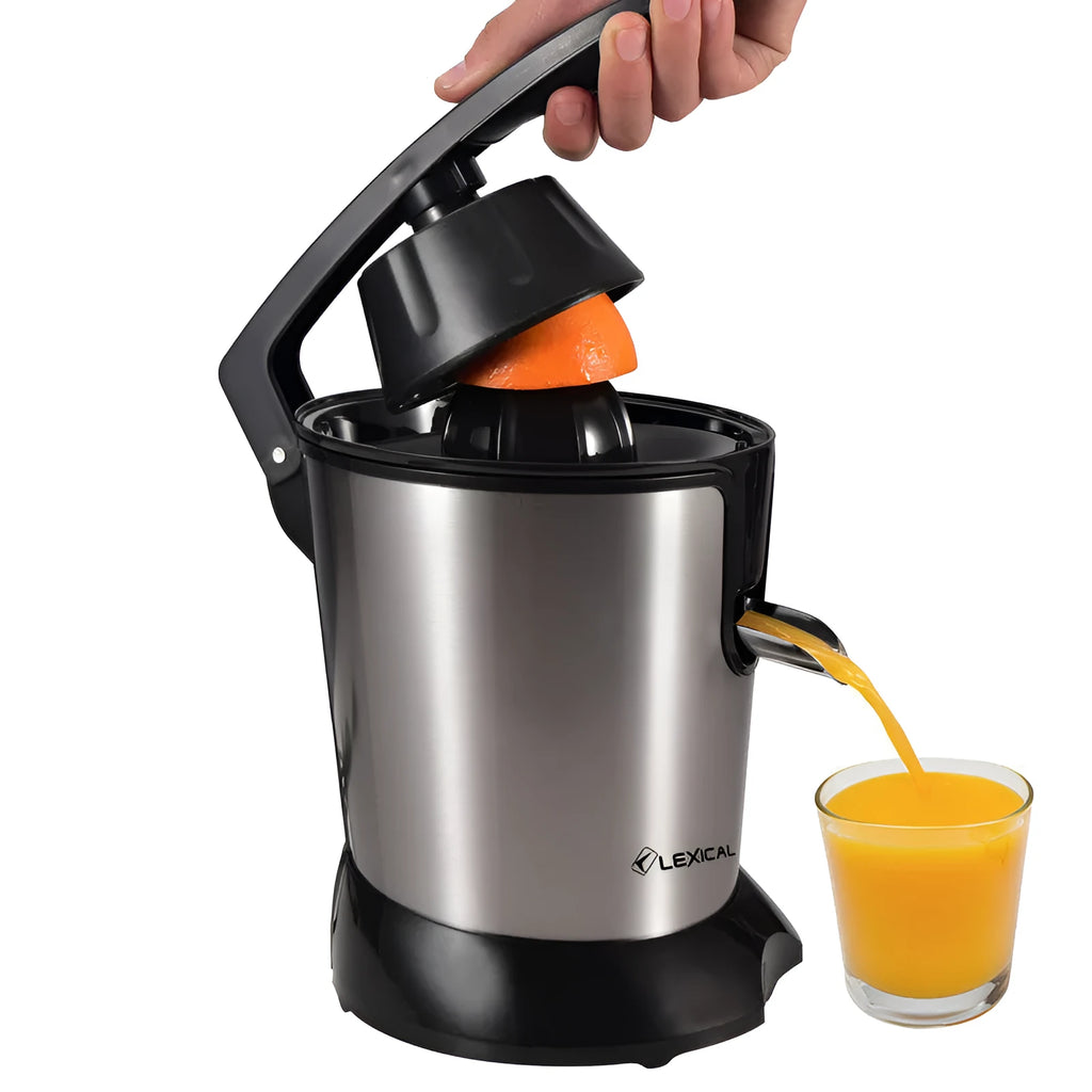 Stainless steel citrus juicer with round feeding port and vertical screw rod mechanism.