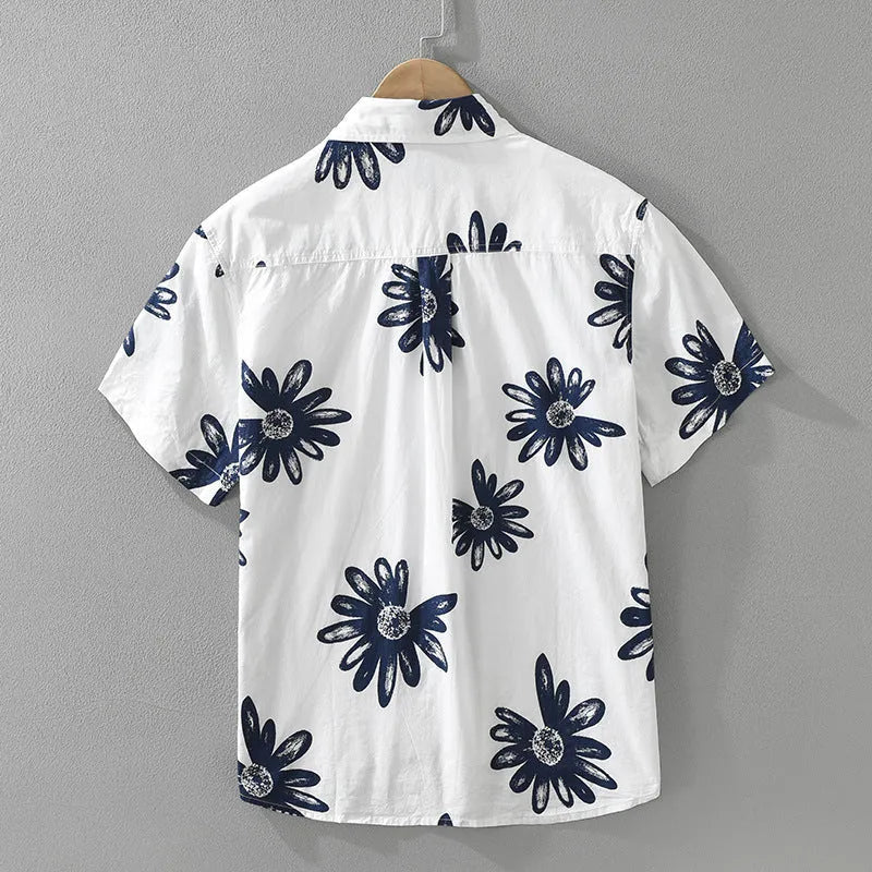 Japanese printed short sleeve shirt in cotton blend fabric showing loose cardigan style