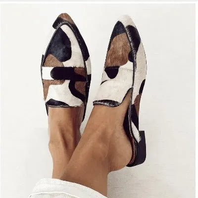 Women's black and white apricot imitation horse hair pattern pointed-toe low heel shoes with suede upper