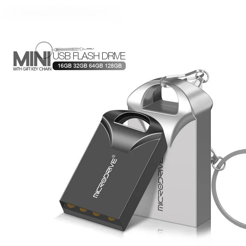 Black and silver mini metal USB flash drive showing compact size and USB connector.