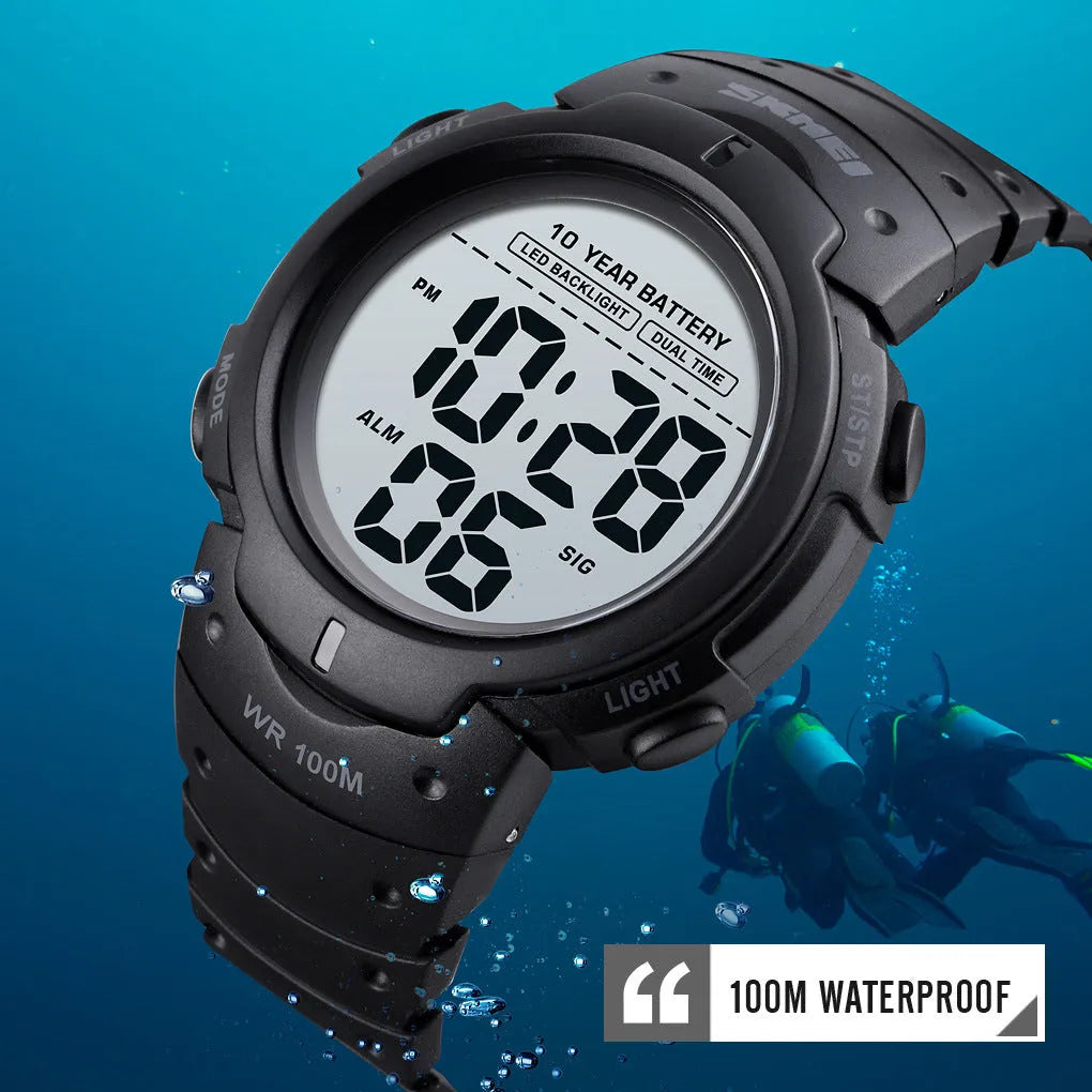 Men's army green outdoor sports watch with circular 47mm dial, luminous LED display, and PU strap