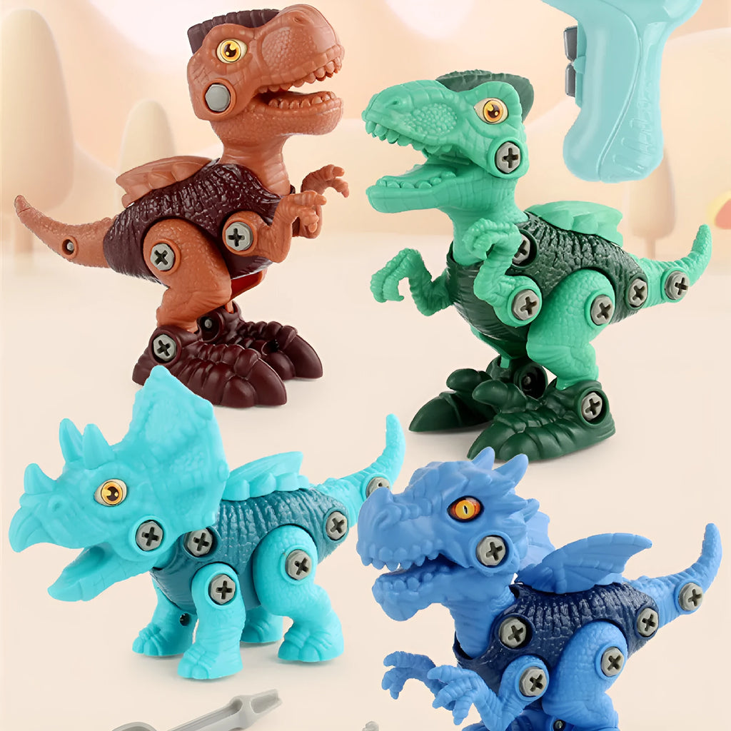 Six assembled dinosaur building block toys made from ABS plastic on a table