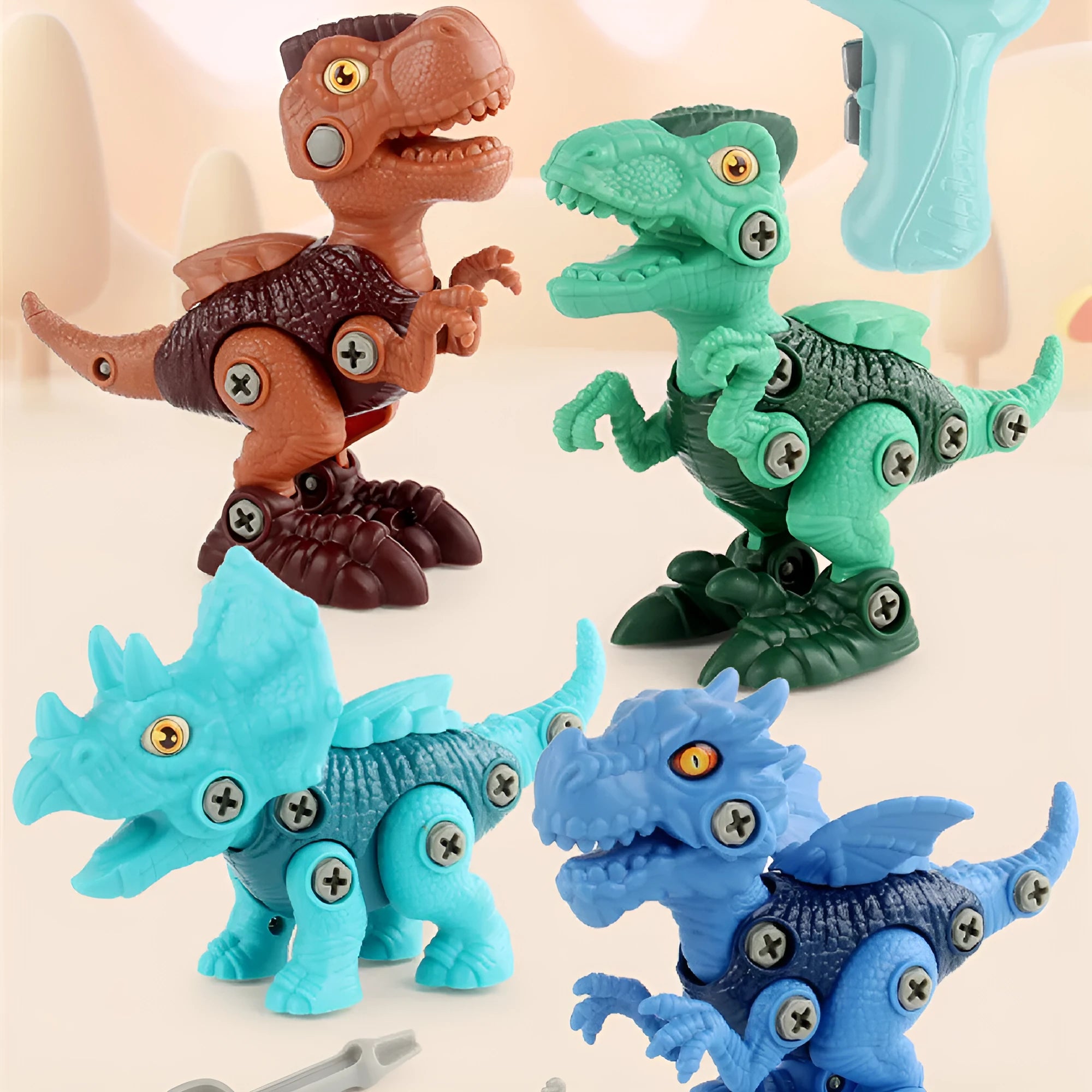 Six assembled dinosaur building block toys made from ABS plastic on a table