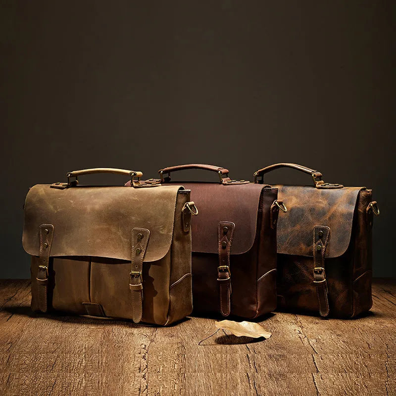 Leather 15 inch mens briefcase satchel in light brown with soft handle and messenger strap