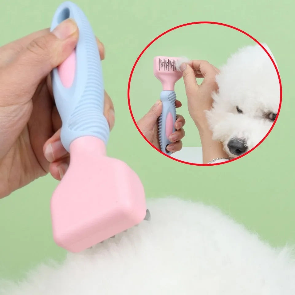 Pink stainless steel dog comb with knot knife edge and massage brush for pet grooming