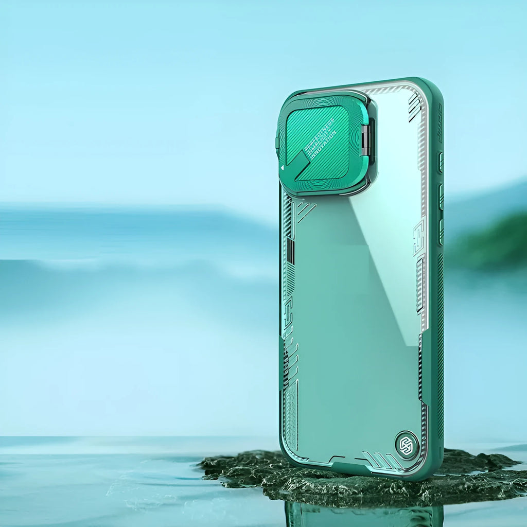 Ice empty phone case for iPhone 16 Pro Max in green PU TPU with lens cap bracket