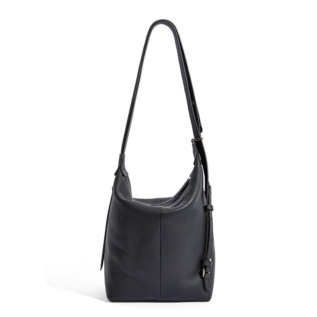 Genuine cowhide leather women's bucket bag in elephant grey colour with large capacity design