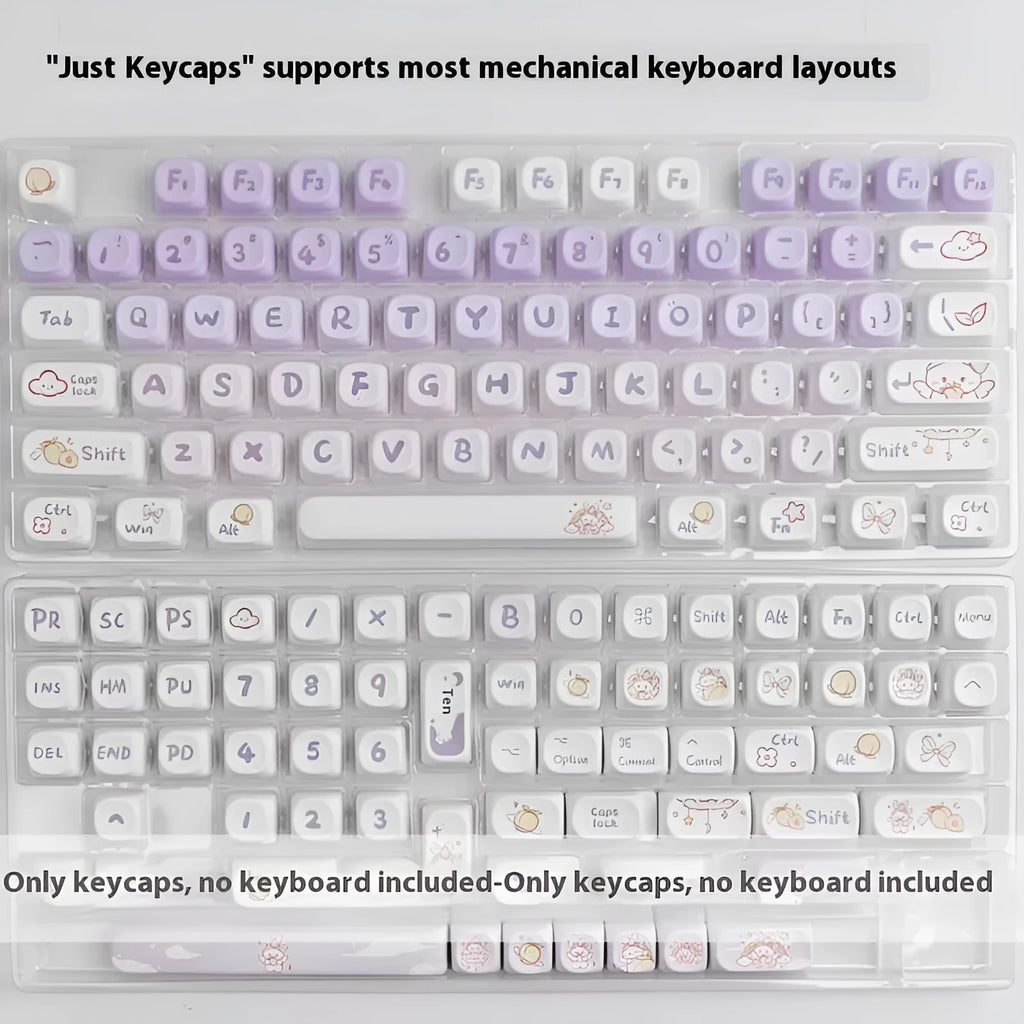PBT gradient purple keycap set with custom Coeco rabbit illustration for mechanical keyboards.