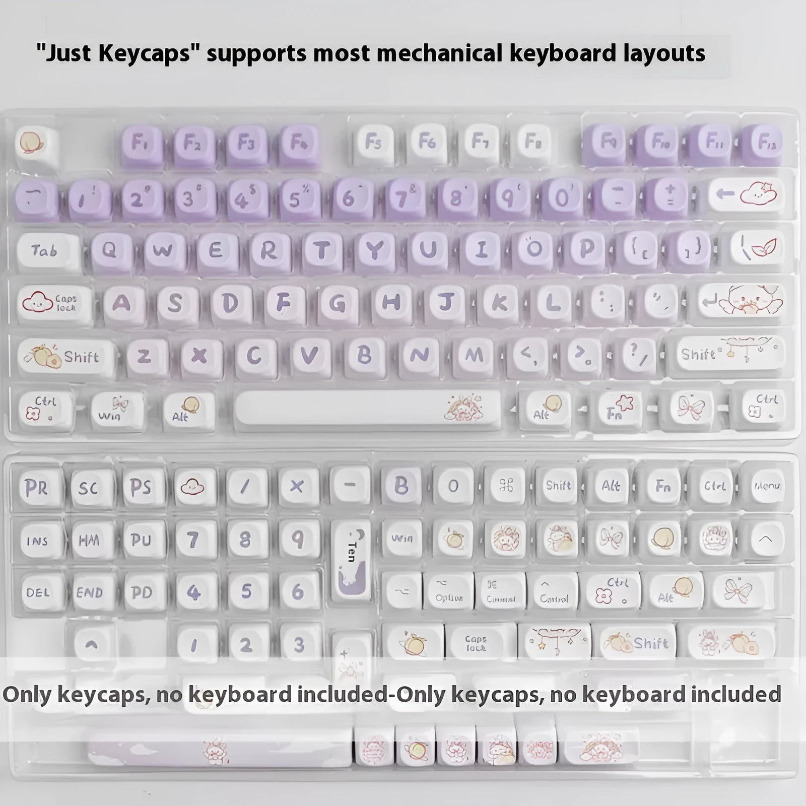 PBT gradient purple keycap set with custom Coeco rabbit illustration for mechanical keyboards.