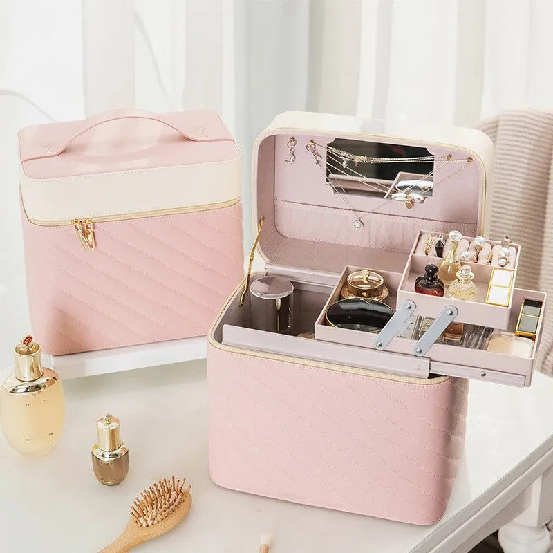 Portable square vertical PU leather cosmetic case and jewellery storage box with hard handle, file bag, and zipper pocket, Black or Pink