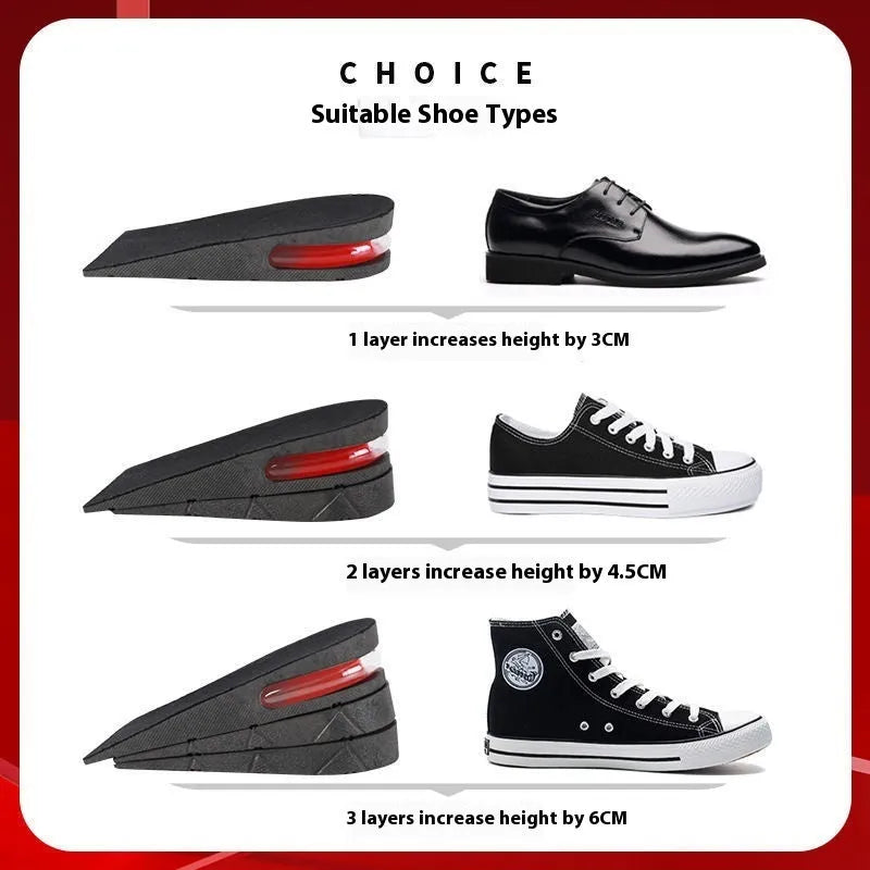 Black height increasing insoles for women and men, half and full pad options from 3cm to 7.5cm, sizes 35-44