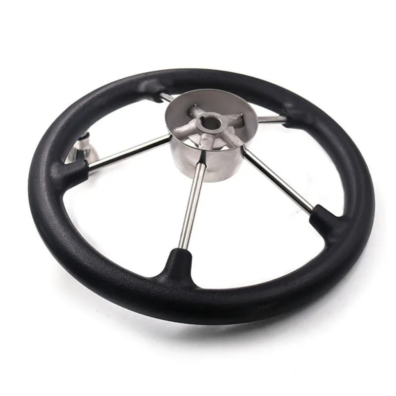 355mm 304 stainless steel marine steering wheel with black spoke design on white background