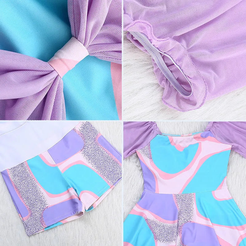 Light purple floral high-waist one-piece skirt swimsuit for women.