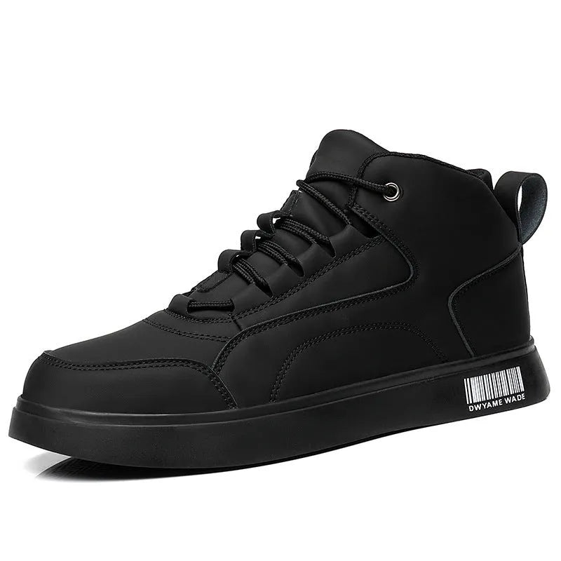 Men's white mid-top casual lace-up trainers with a round toe and flat rubber sole.