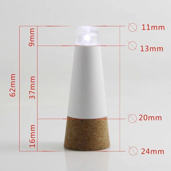 White plastic USB-rechargeable LED cork light for inserting into wine bottle neck.