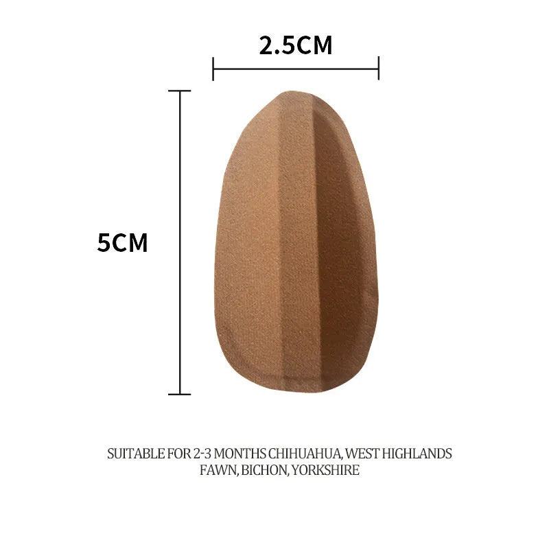 Dog ear correction support tape and wrap tool shown next to size chart for puppy ear training.