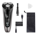 Men's electric shaver with three floating heads and pop-up sideburn trimmer on black background