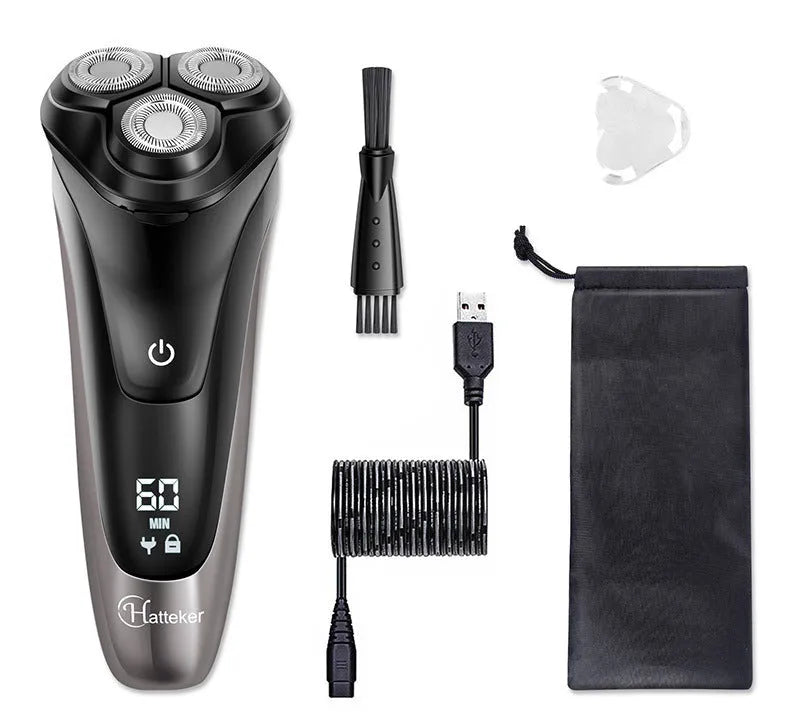 Men's electric shaver with three floating heads and pop-up sideburn trimmer on black background