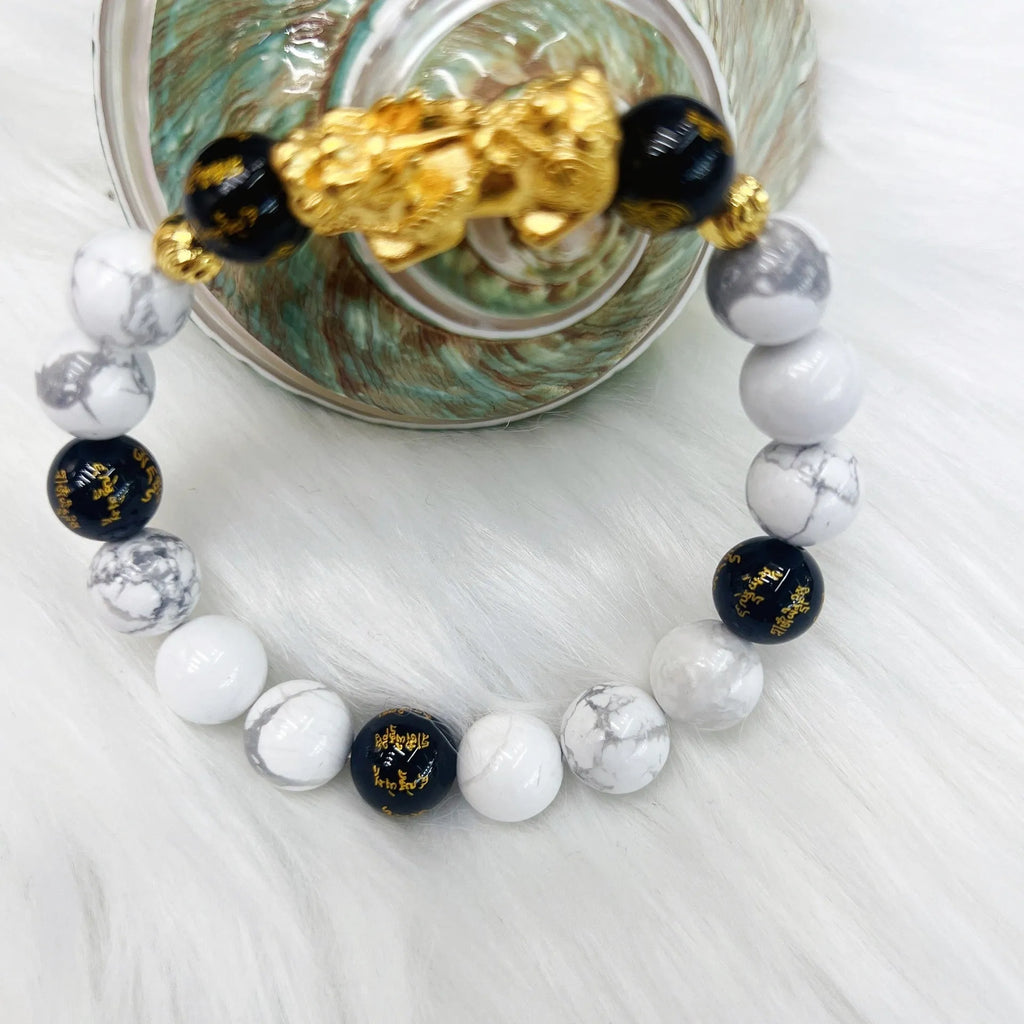 Vintage white turquoise and black agate couple bracelet with adjustable 15-17cm length