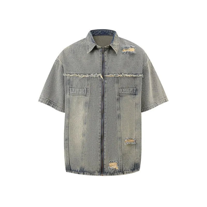 Denim overalls suit in loose street style with short sleeve top and full length trousers