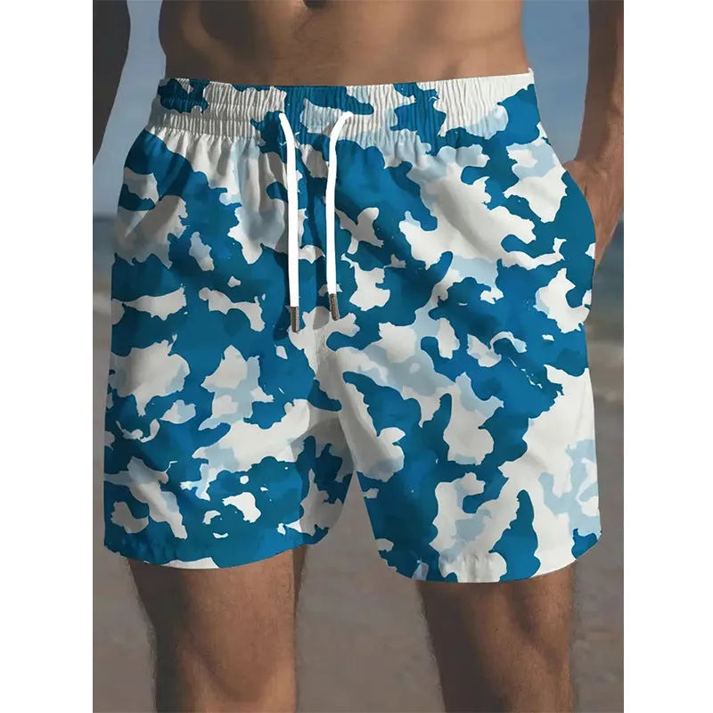 Men's polyester beach shorts with printed design and elastic waistband in multiple colour options