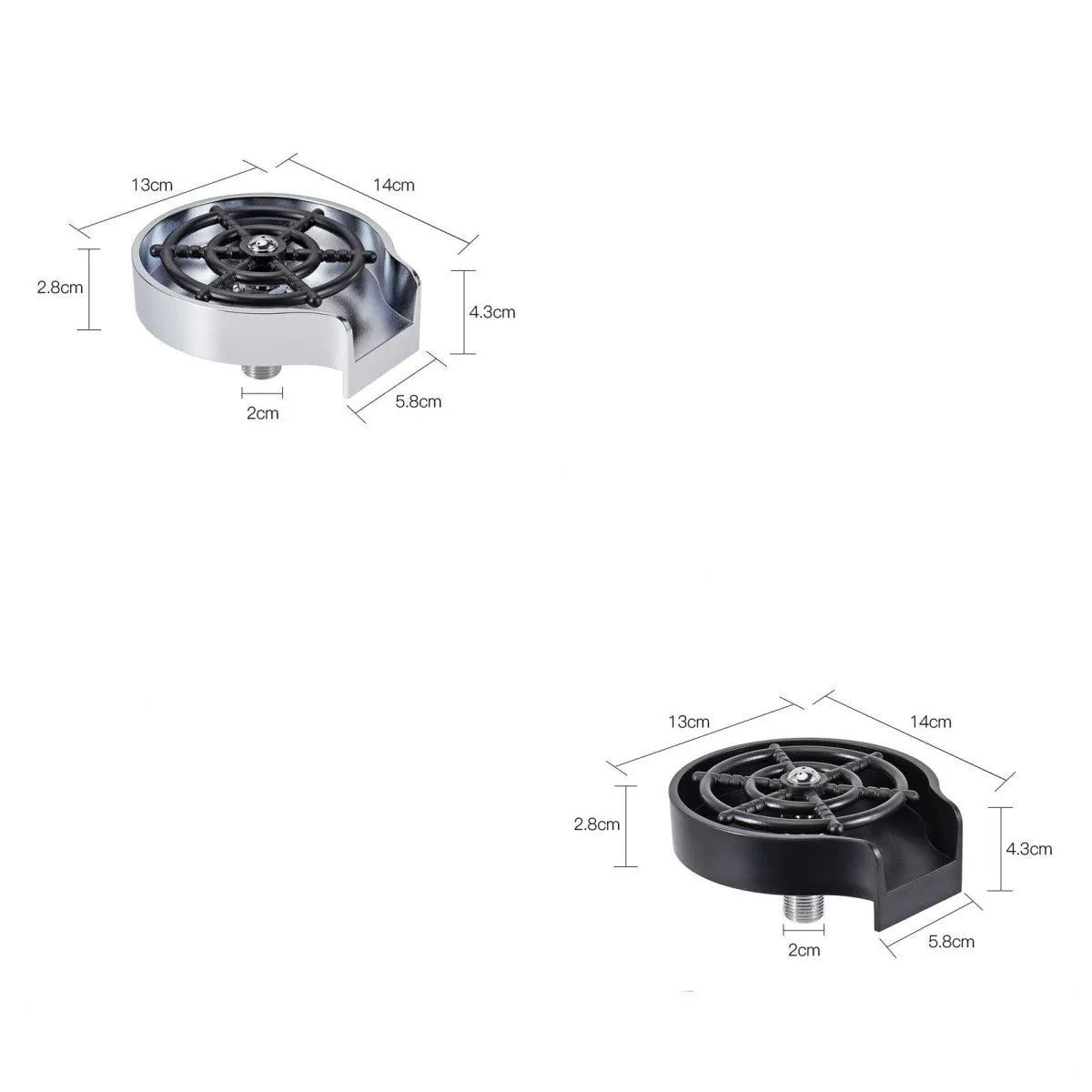 Black automatic cup washer with five-hole nozzle installed on a bar counter sink with a glass being rinsed