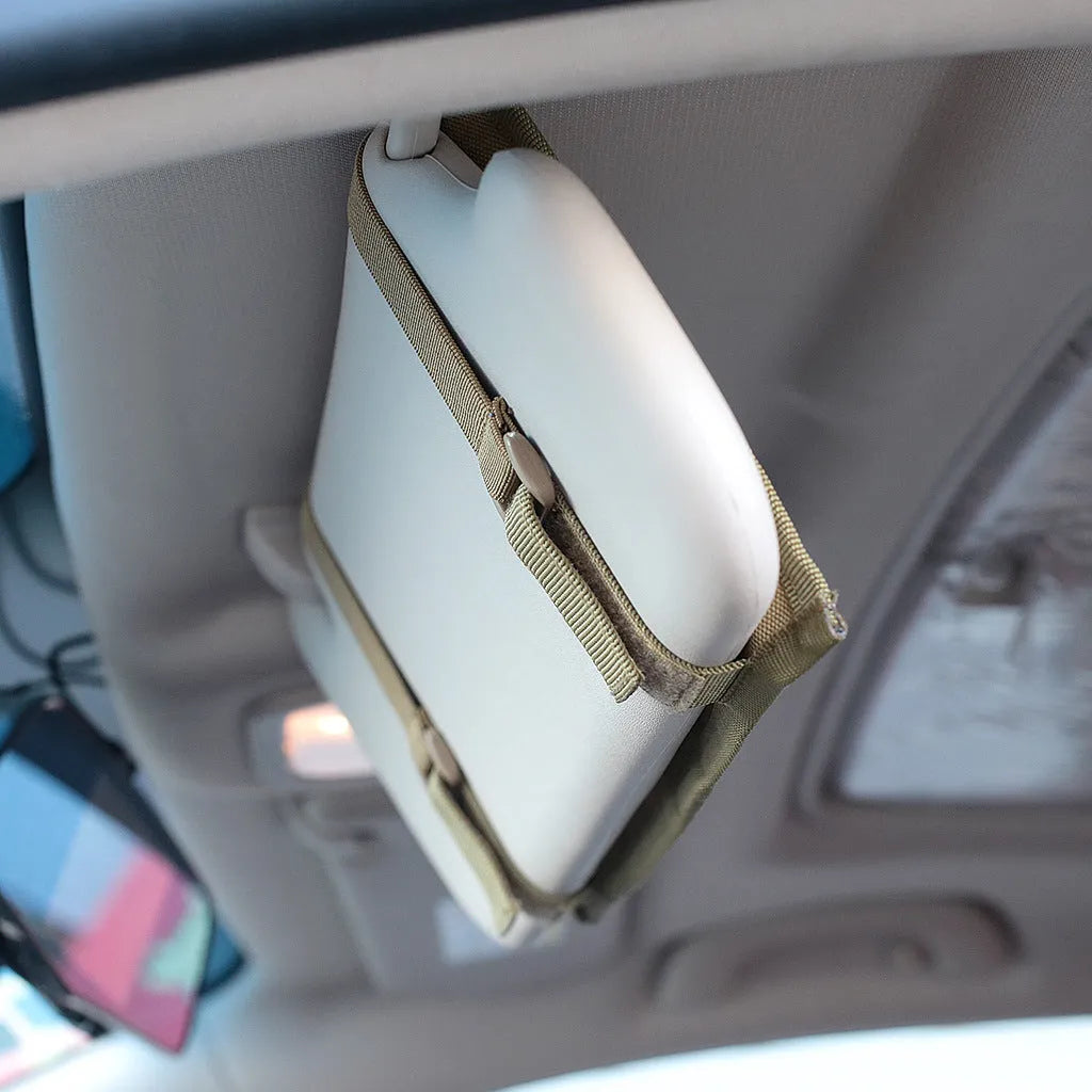 Tactical MOLLE vehicle sun visor organizer panel in khaki with 800D nylon construction
