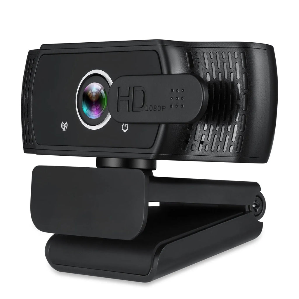 Black 1080p USB webcam with built-in microphone and universal clip for laptops.