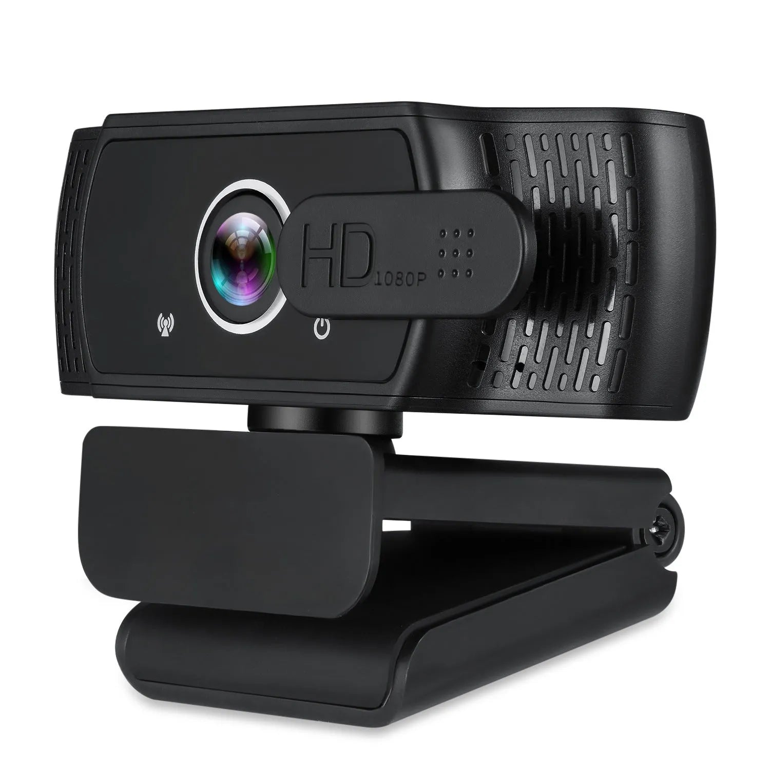 Black 1080p USB webcam with built-in microphone and universal clip for laptops.