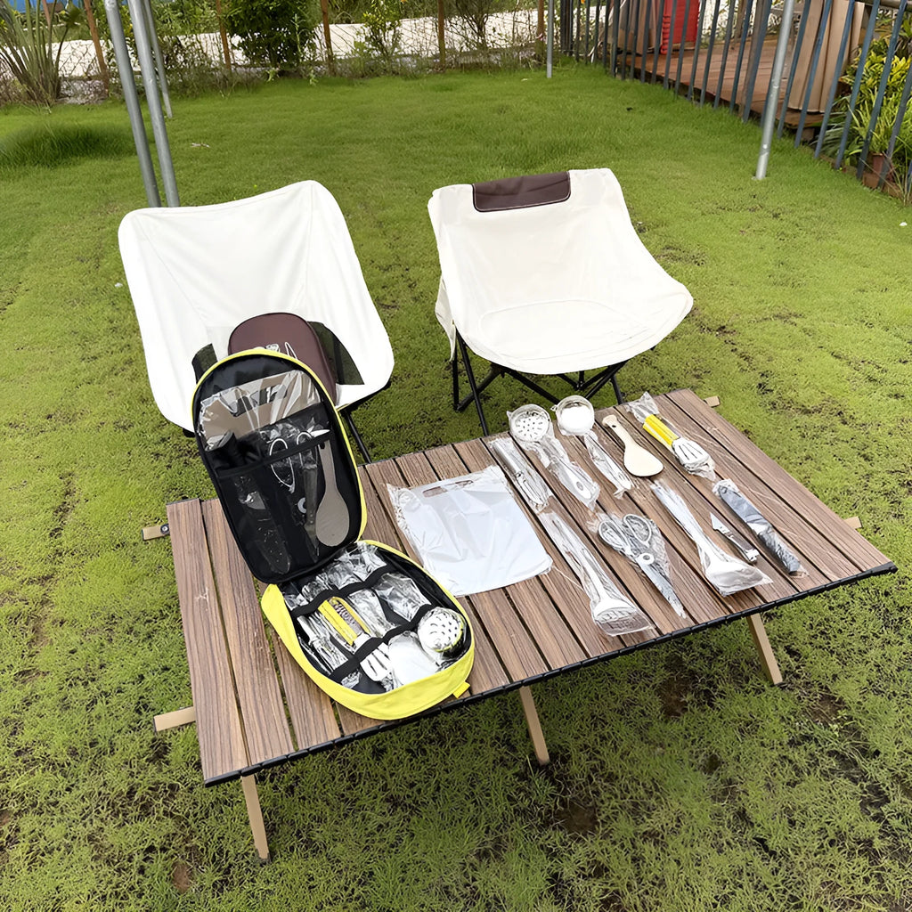 Portable picnic kitchenware storage bag containing 12-piece stainless steel cutlery set in khaki colour