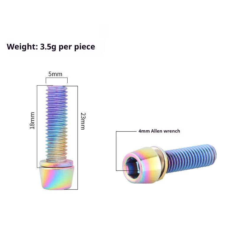 Set of six stainless steel mountain bike handlebar fixing screws in assorted colours on a card.