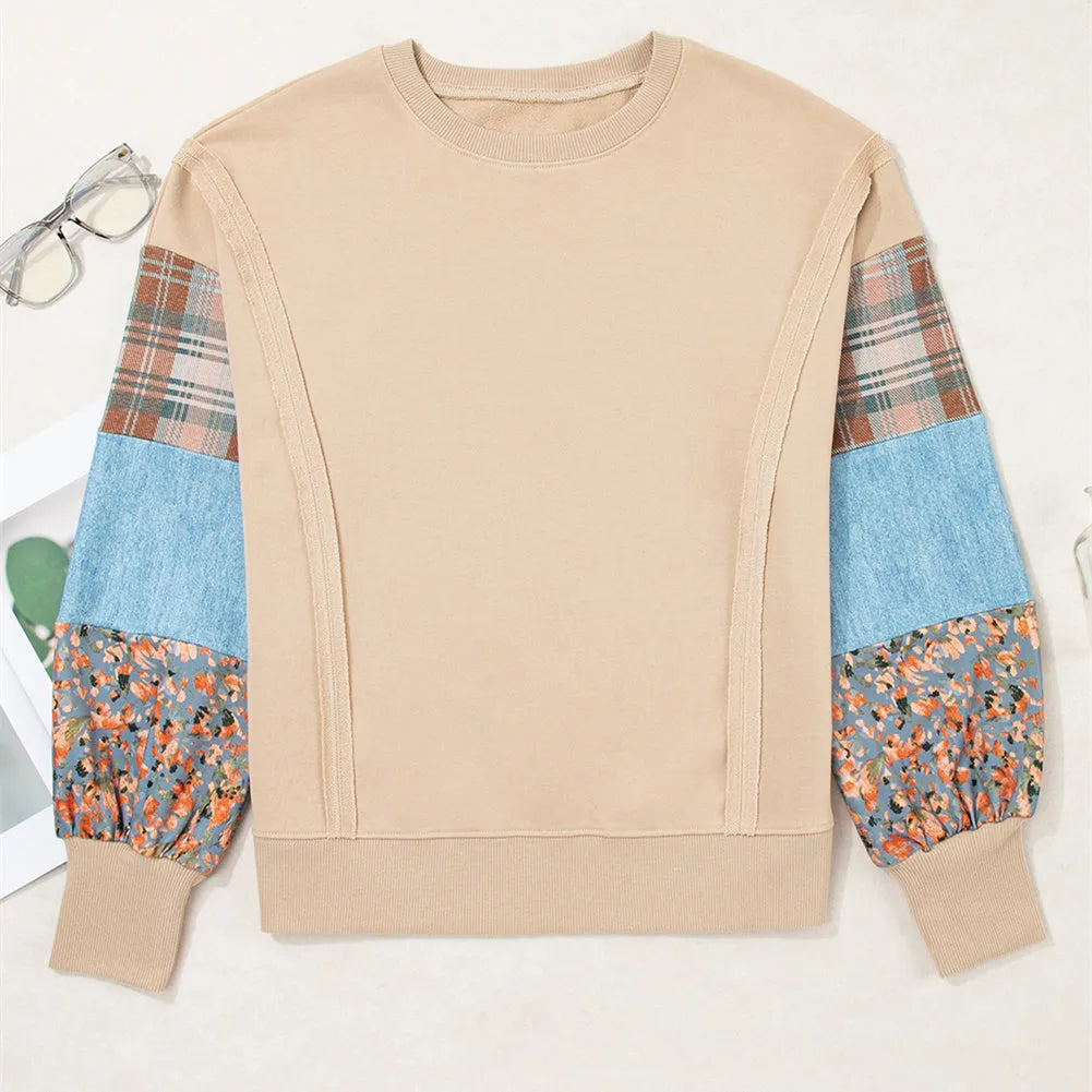 Beige and red plaid stitching women's long-sleeved loose-fit polyester top.